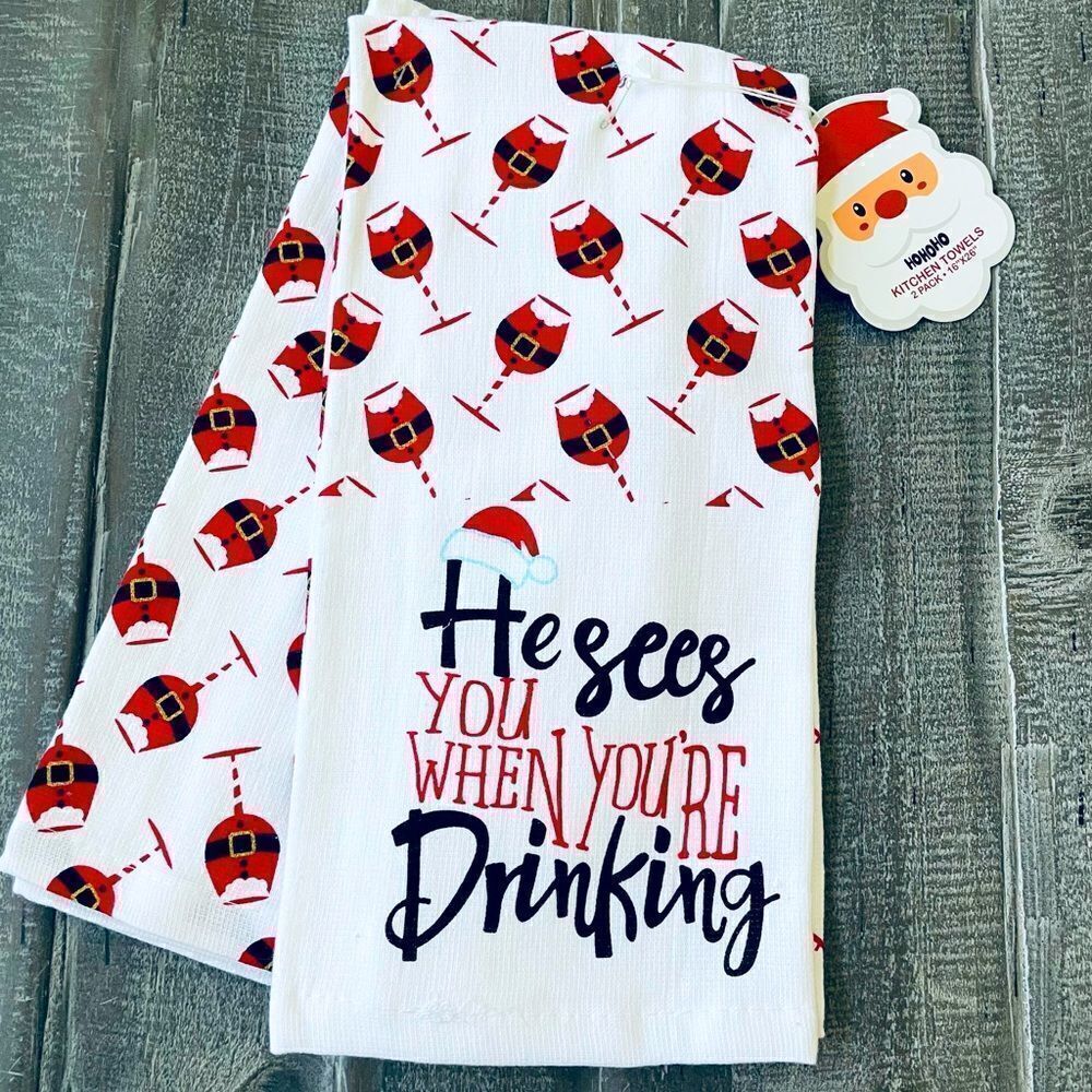 Wine Drinking Santa Claus Christmas Holiday Dish Towels Set